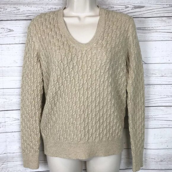 Lands End Metallic Cable Knit V-Neck Sweater Women’s M Gold Long Sleeve Pullover - Picture 1 of 7